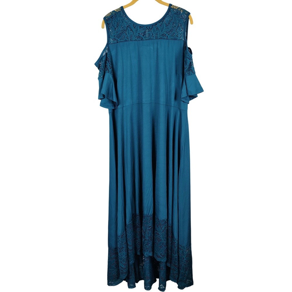 Womens 3XL Cold Shoulder Lace Trim Maxi Dress Teal Cotton Blend Boho Fairycore